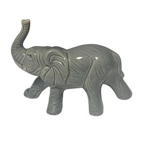 Elephant Ceramic Figurine. Grey, Raised Trunk.